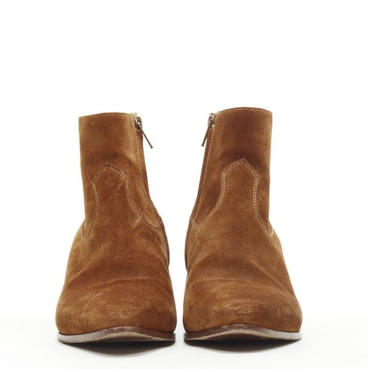 SAINT LAURENT Wyatt tan brown suede almond toe cuban bootie EU38