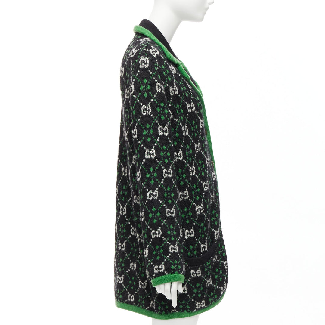 GUCCI 2018 white black GG monogram alpaca wool green trim knit coat S