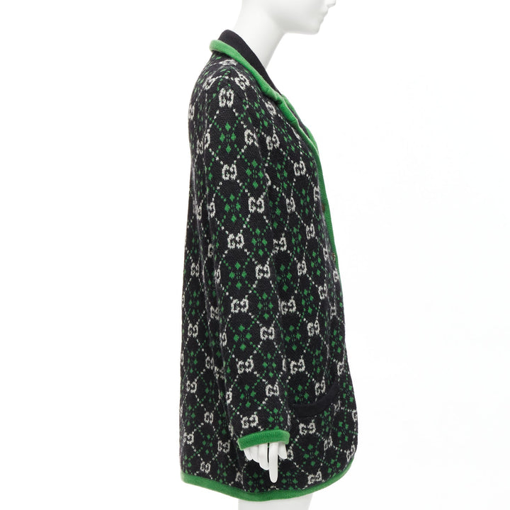 GUCCI 2018 white black GG monogram alpaca wool green trim knit coat S