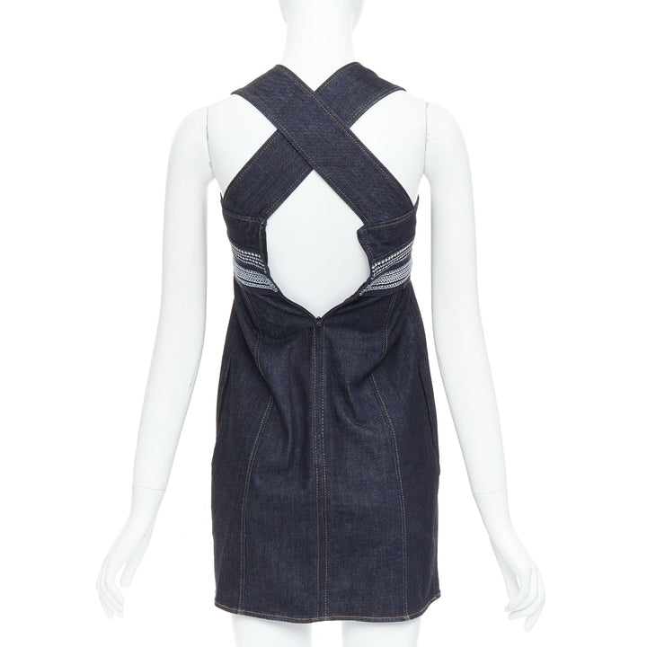 VVB VICTORIA BECKHAM blue denim topstitch cross back dress UK4 XXS