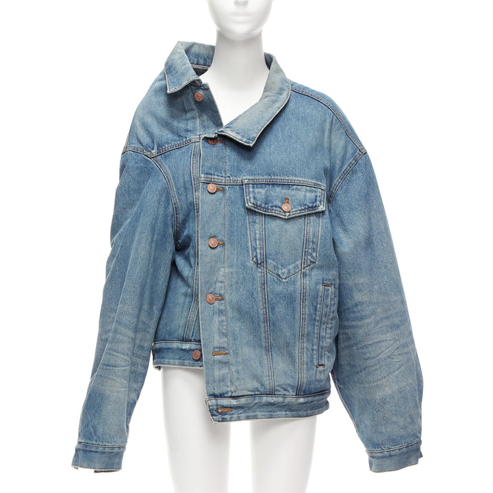 BALENCIAGA Demna 2021 blue washed denim off shoulder deconstructed jacket L