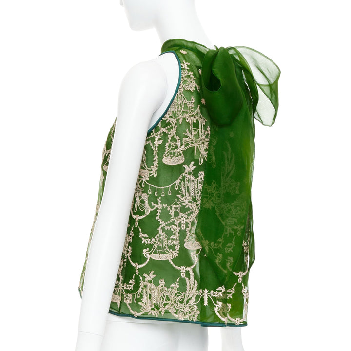 SAPTO DJOJOKARTIKO green beige oriental embroidered sheer halter top
