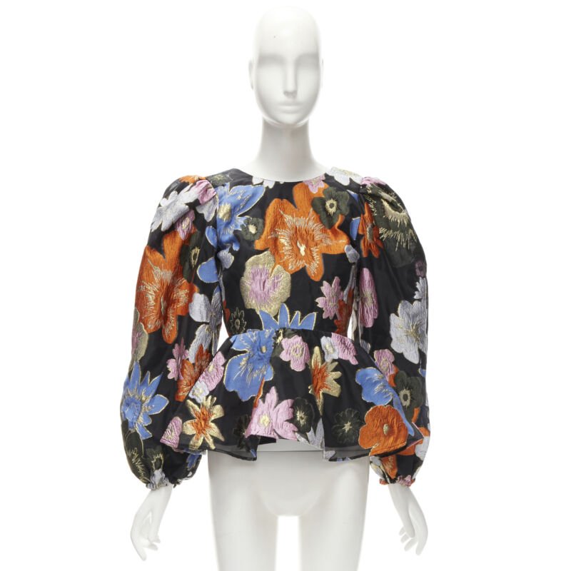 STINE GOYA orange blue floral jacquard peplum balloon sleeves top XS