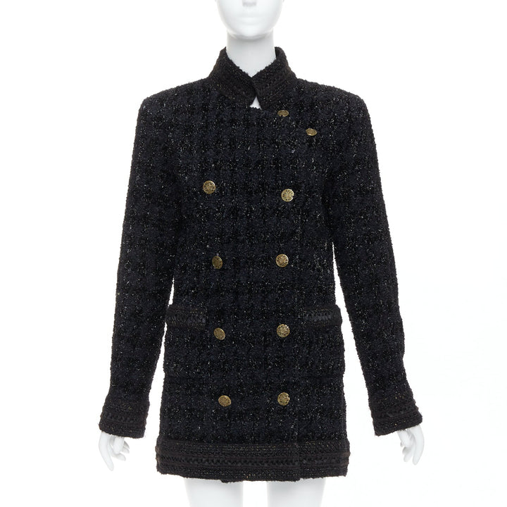 CHANEL 10A Paris Shanghai Runway black metallic checked qipao coat FR40