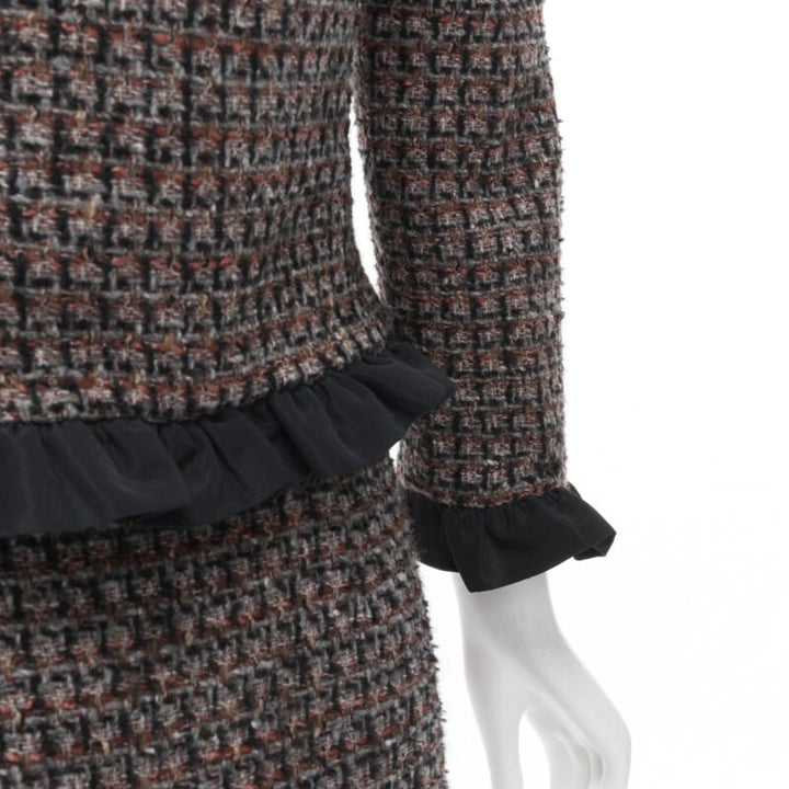 RED VALENTINO red grey wool tweed black ruffle trim jacket skirt set