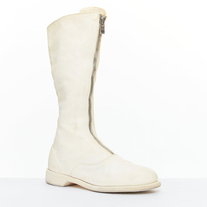 GUIDI 410 Soft Horse distressed off white leather silver zip front boots EU36
