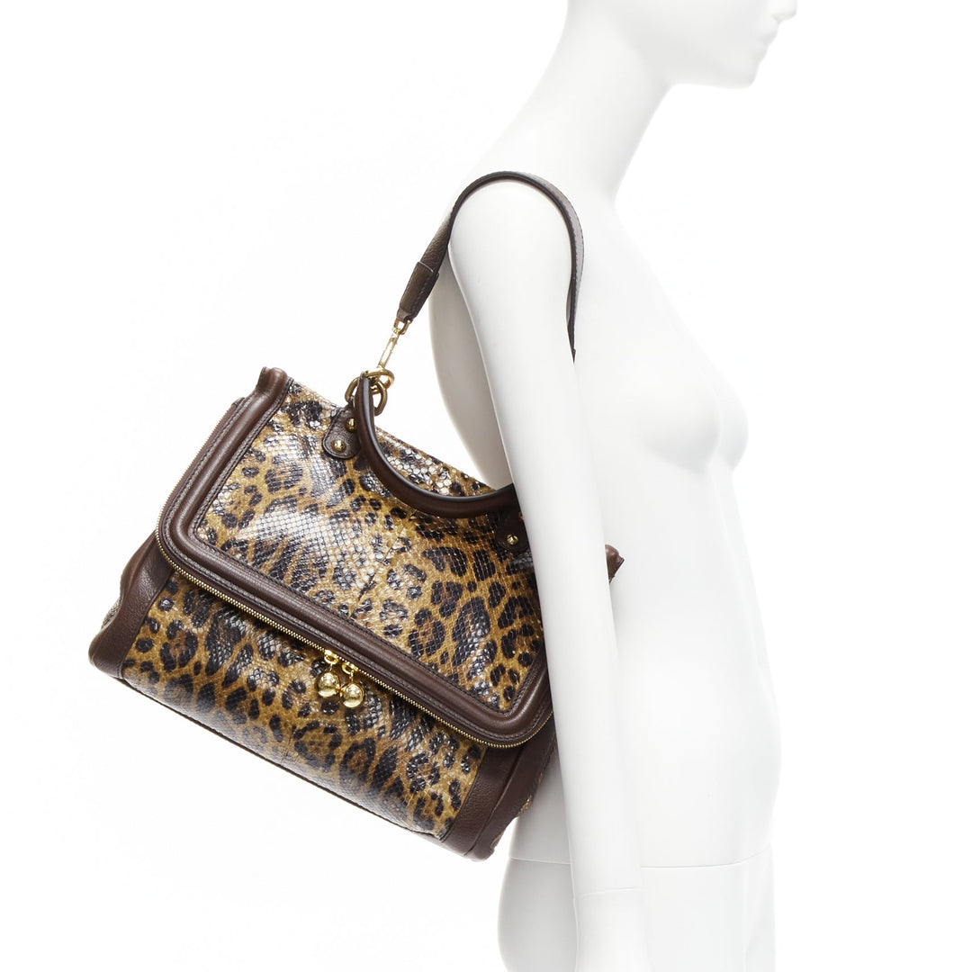 DOLCE GABBANA Sicily brown leopard print scaled leather satchel bag