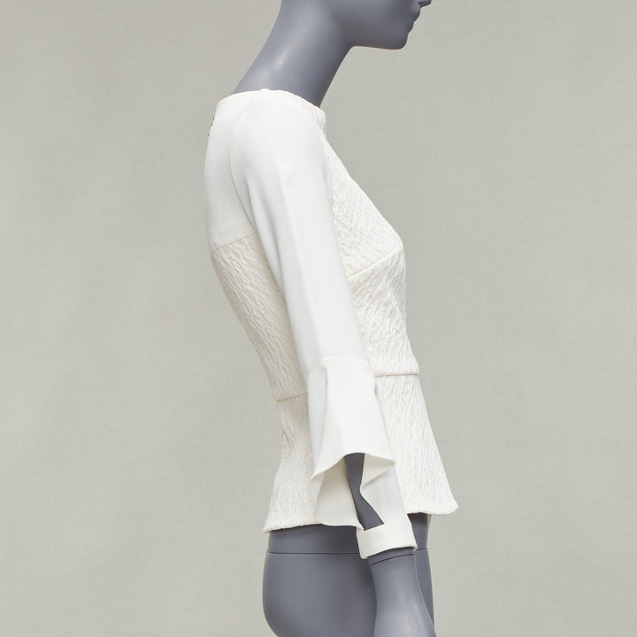 ROLAND MOURET 2018 Richardson cream textured crepe ruffle cuff peplum top UK6 XS