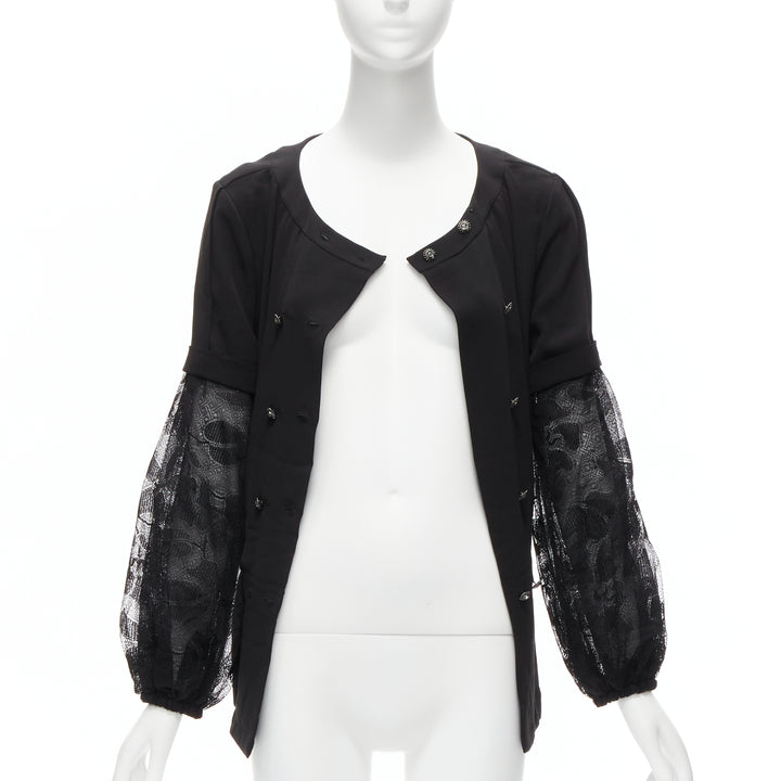 CHANEL 13P silk black floral lace sleeves pleated jacket blouse FR36 S