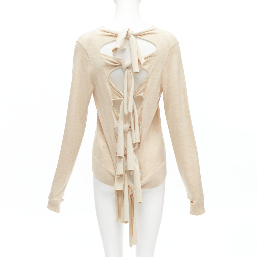 OLD CELINE Phoebe Philo beige wool silk knot tie back cut out sleeves sweater M