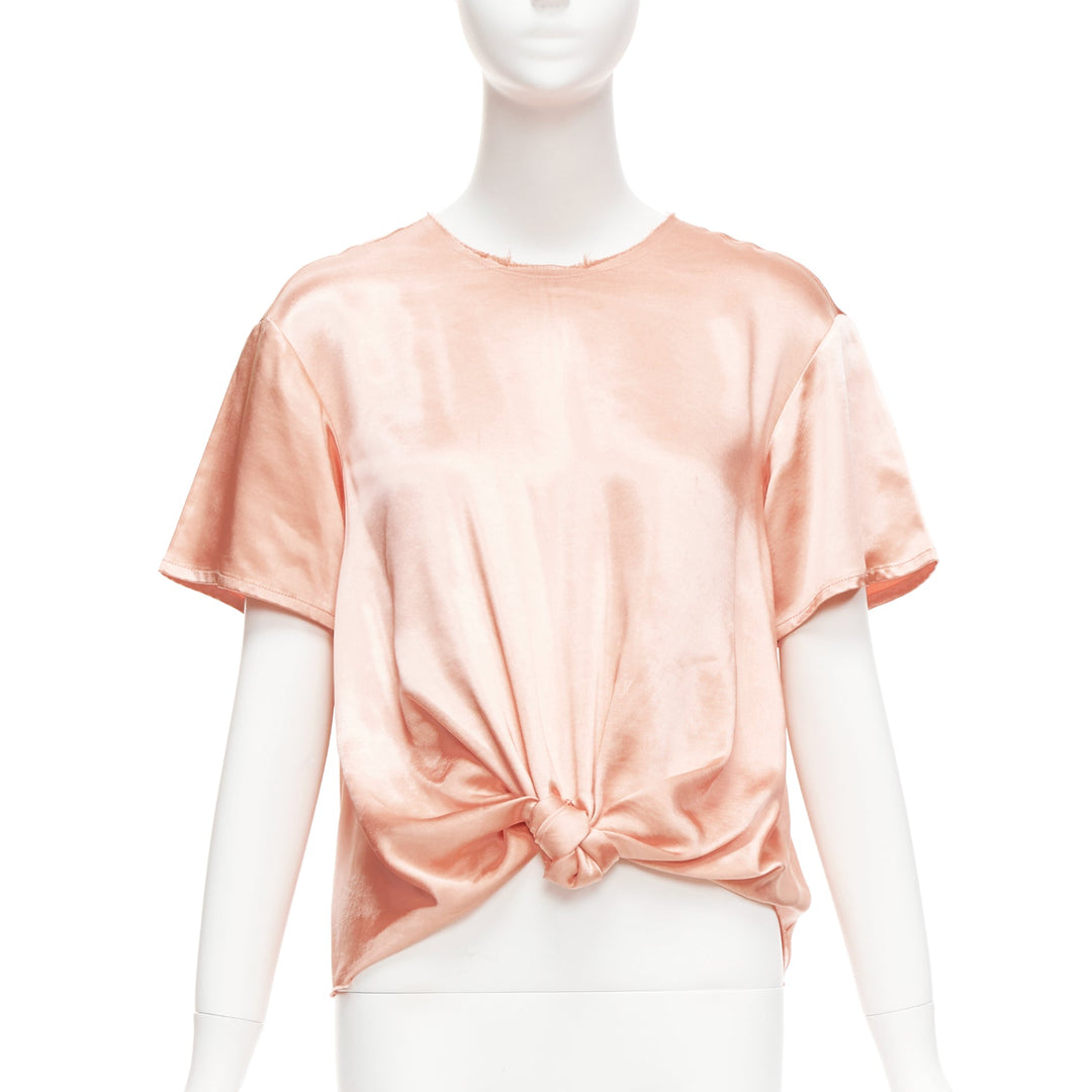 REGINA PYO pink silky satin front knot crew neck frayed edge collar top S