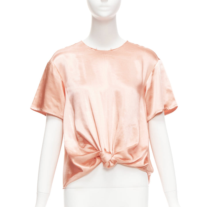 REGINA PYO pink silky satin front knot crew neck frayed edge collar top S