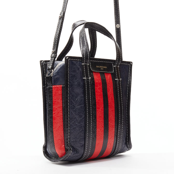 BALENCIAGA Bazar navy red striped leather top handle crossbody bag