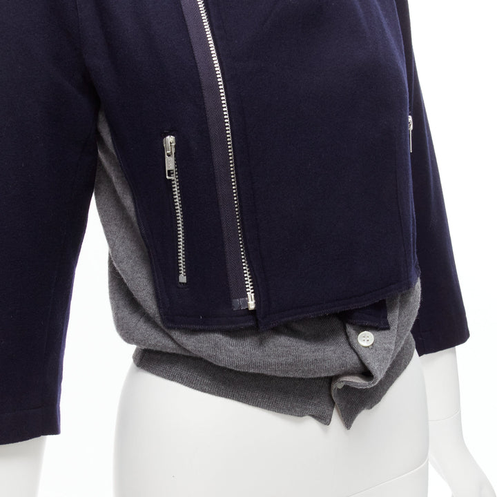 COMME DES GARCONS wool navy grey deconstructed hybrid biker cropped cardigan S