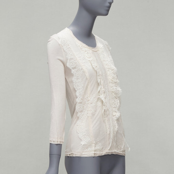 LANVIN off white lace overlay asymmetric cropped 3/4 sleeve top FR32 XXS