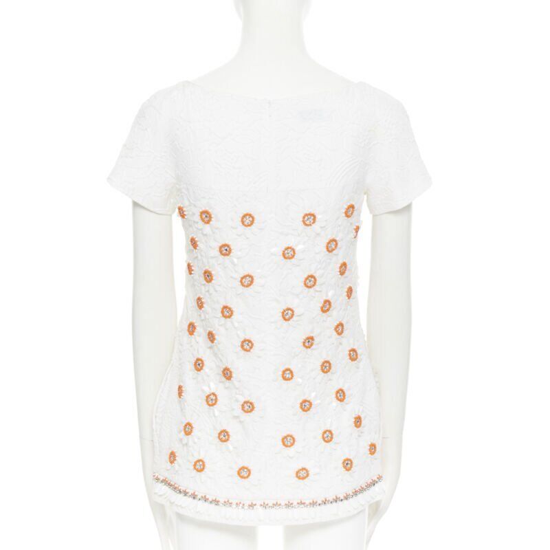 MOSCHINO white cloque cotton orange bead crystal floral embellished top IT38