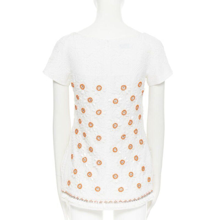 MOSCHINO white cloque cotton orange bead crystal floral embellished top IT38