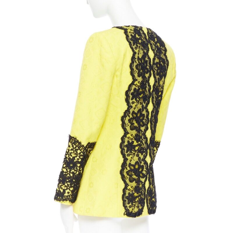 CHRISTIAN LACROIX yellow cotton floral jacquard black lace padded jacket FR40