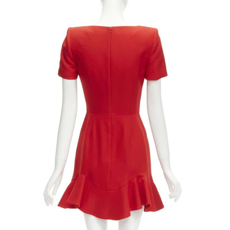 ALEXANDER MCQUEEN red wool crepe tulip neck flutter hem dress IT38 XS