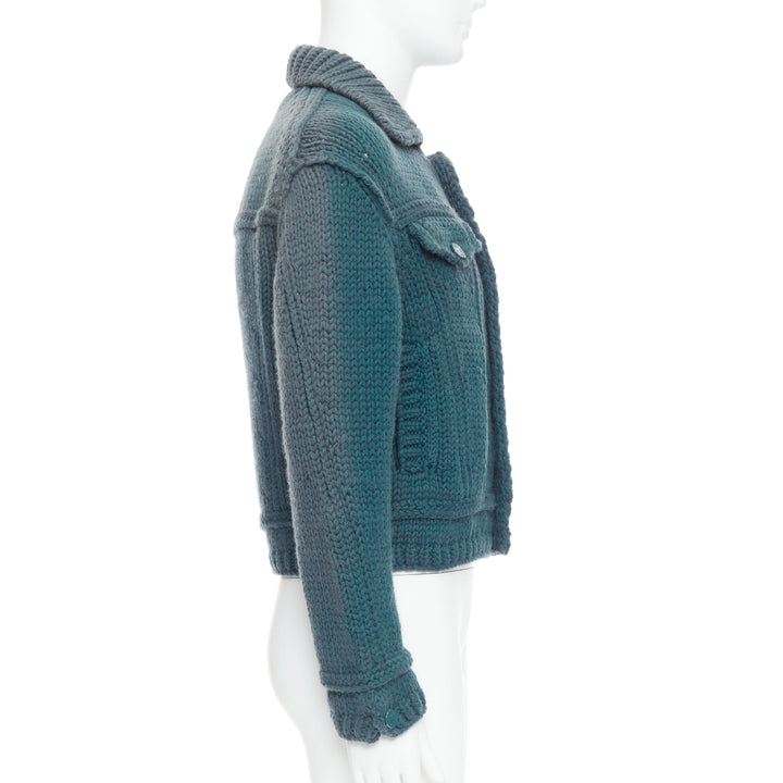 LOUIS VUITTON 2020 Runway turquoise blue wool chunky knit crop trucker jacket S
