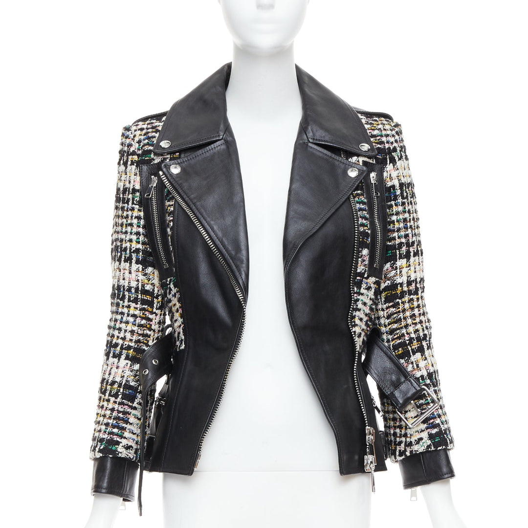 ALEXANDER MCQUEEN 2023 Hybrid punk black leather tweed biker jacket IT36 XXS
