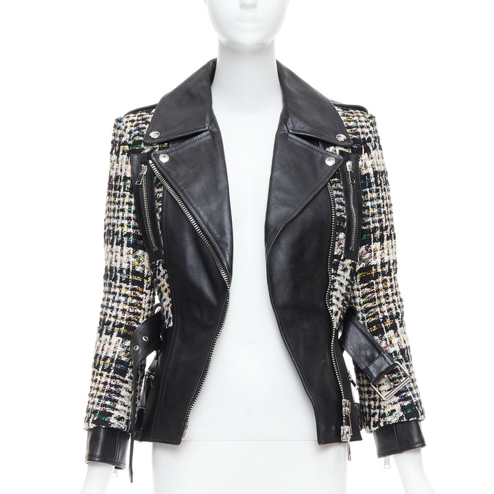 ALEXANDER MCQUEEN 2023 Hybrid punk black leather tweed biker jacket IT36 XXS
