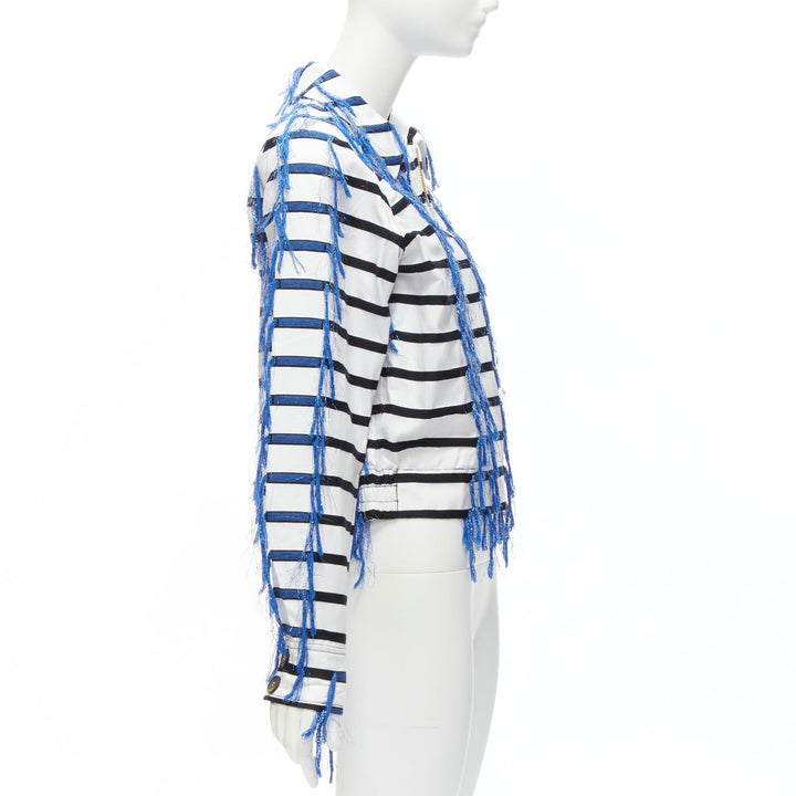 ANAIS JOURDEN blue white black striped tassel trim raglan cropped jacket FR36 S