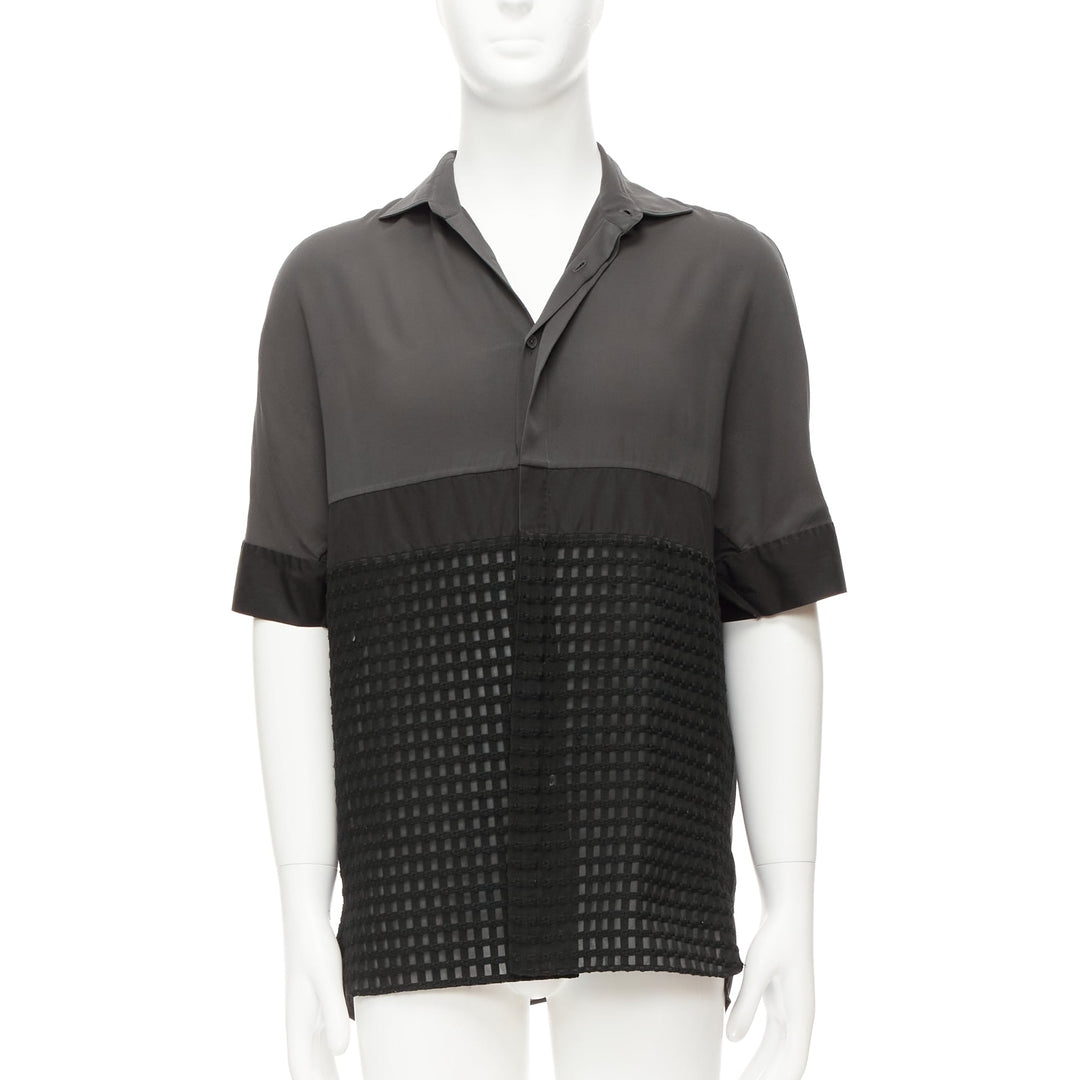 LANVIN grey black silky twill mix texture short sleeves dress shirt EU38/15 S