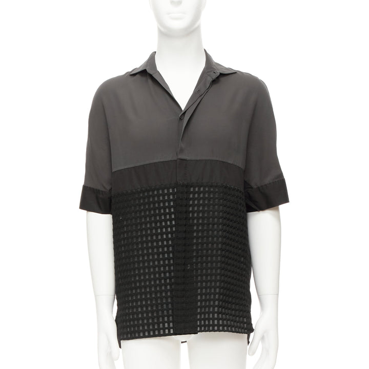 LANVIN grey black silky twill mix texture short sleeves dress shirt EU38/15 S