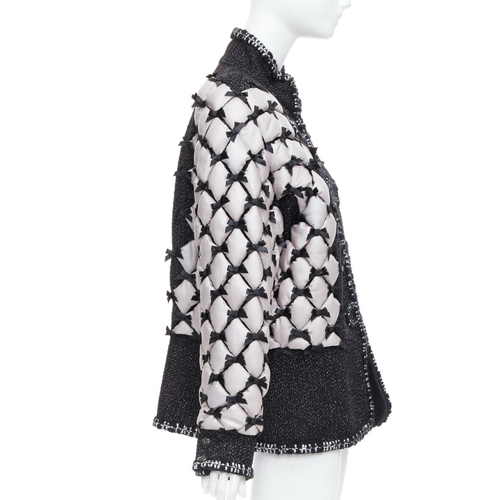 rare CHANEL 15A Runway black tweed white quilted tromp loeil ribbon  jacket FR50