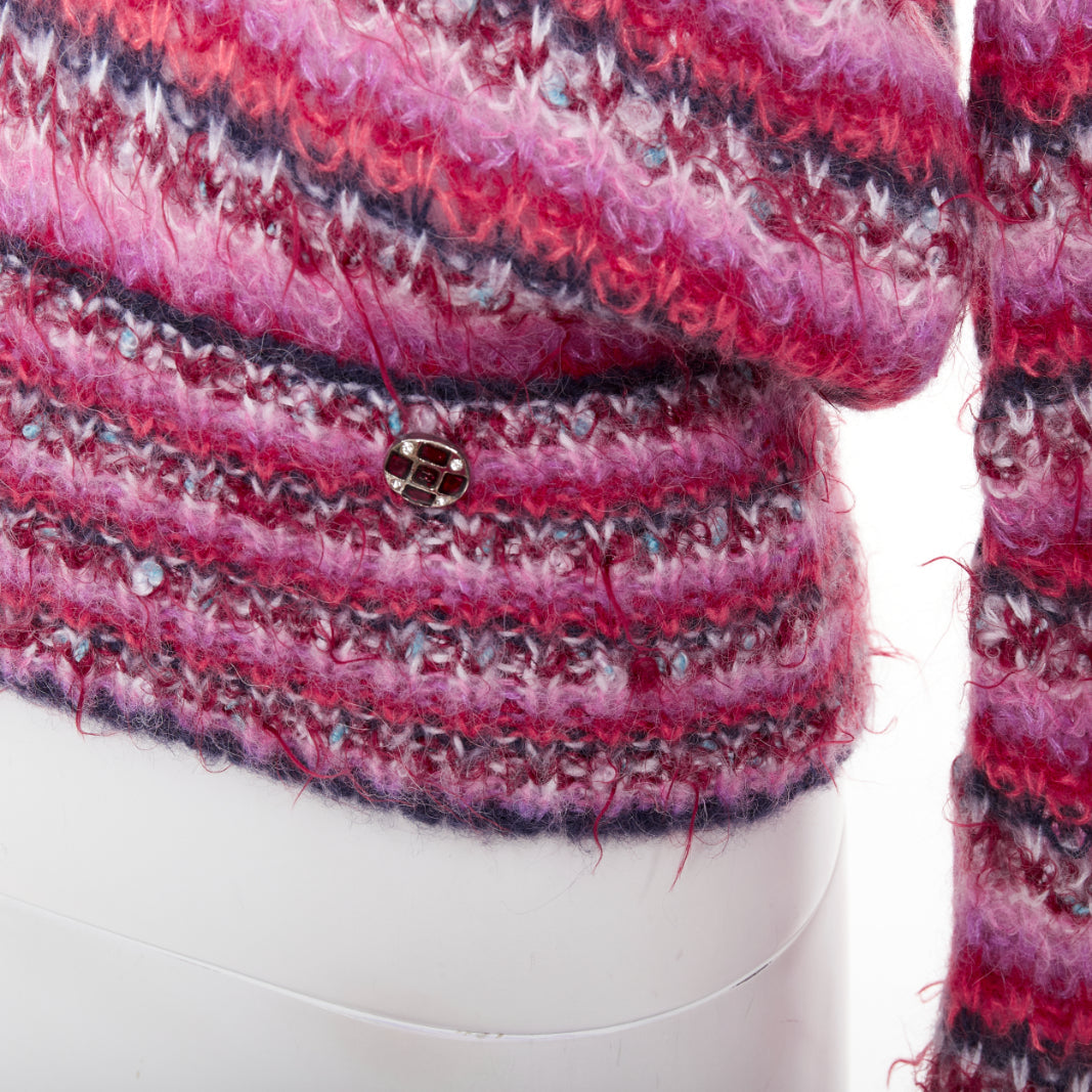 CHANEL 22A pink alpaca blend striped loose knit Vneck CC logo sweater FR38 M