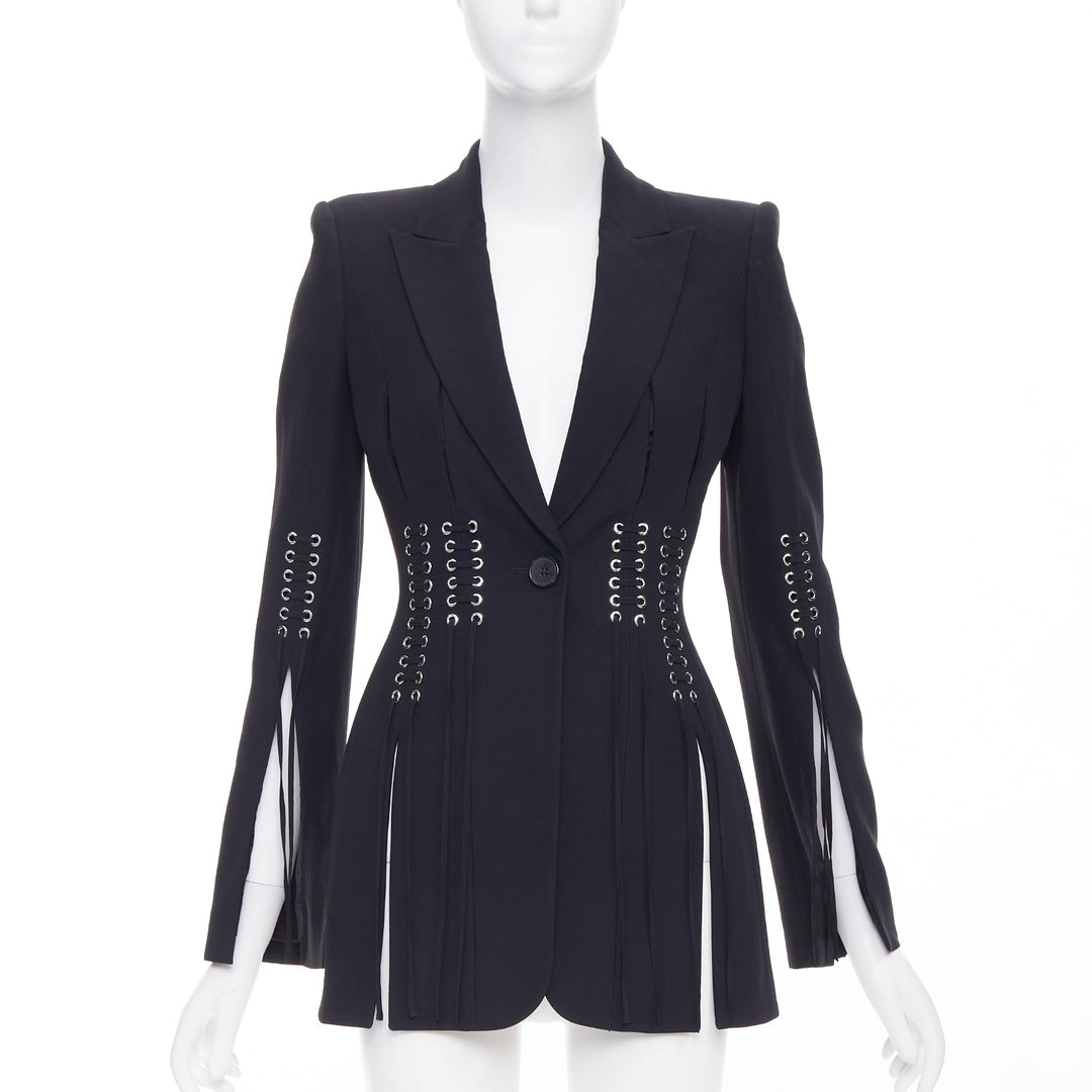 ALEXANDER MCQUEEN 2018 black eyelet lacing detail fitted blazer IT38 XS