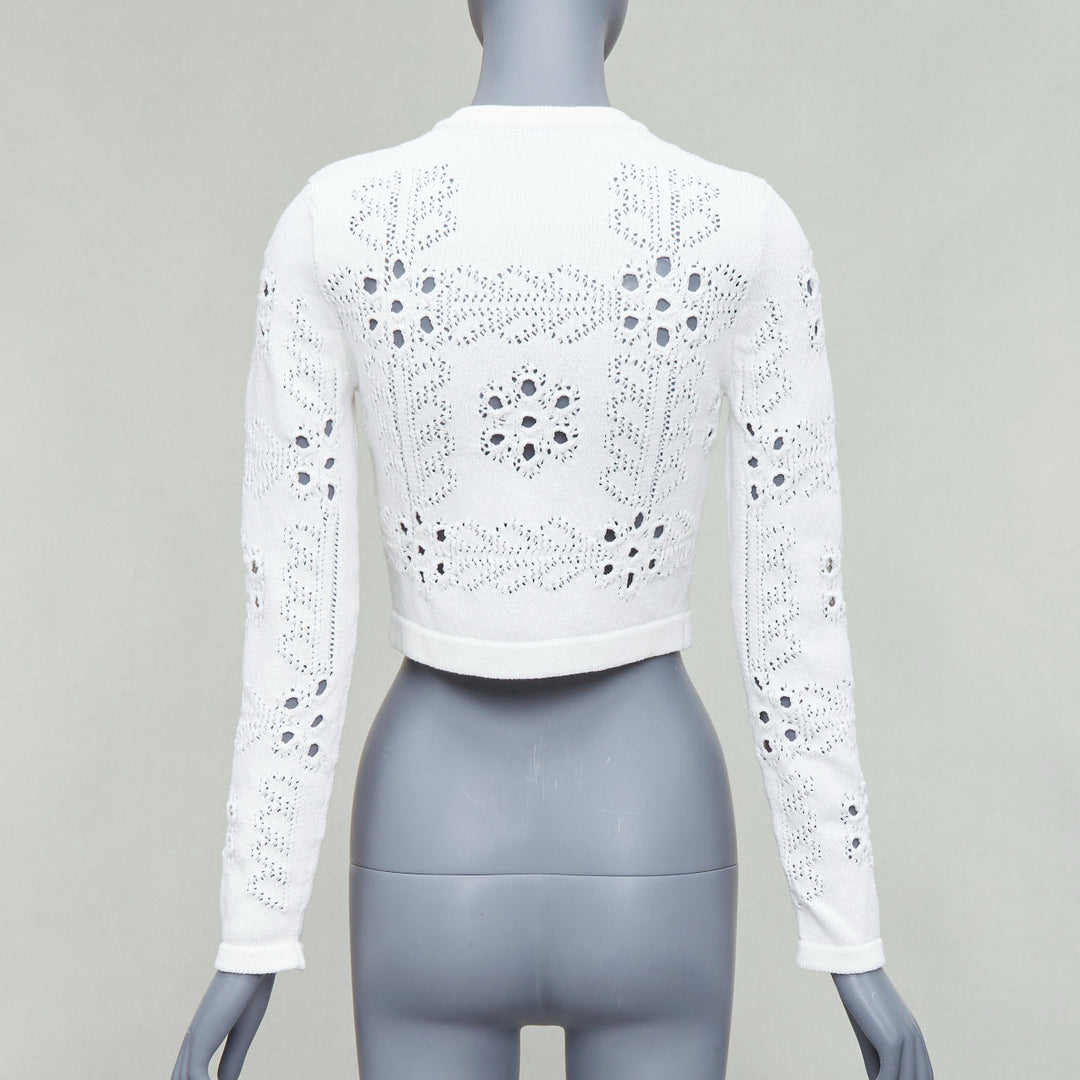 CHANEL 2021 white cotton gold CC button crochet knit cropped cardigan FR34 XS