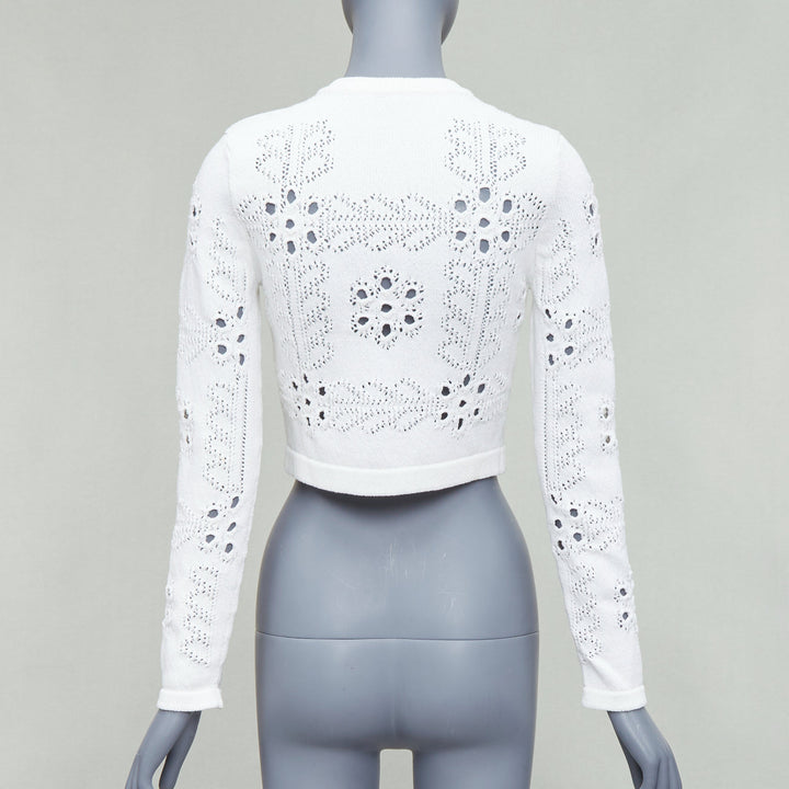 CHANEL 2021 white cotton gold CC button crochet knit cropped cardigan FR34 XS