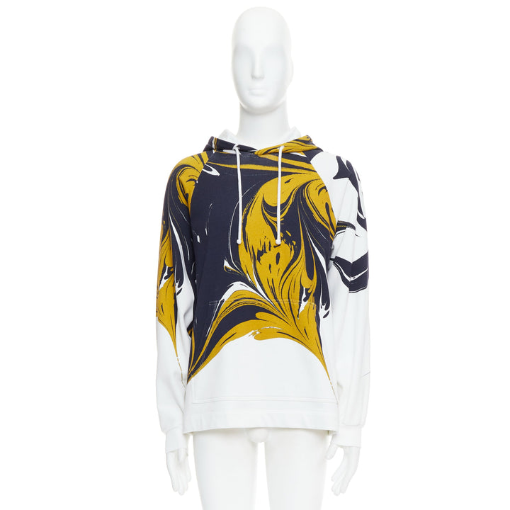 DRIES VAN NOTEN yellow black white marble swirl print cotton hoodie S
