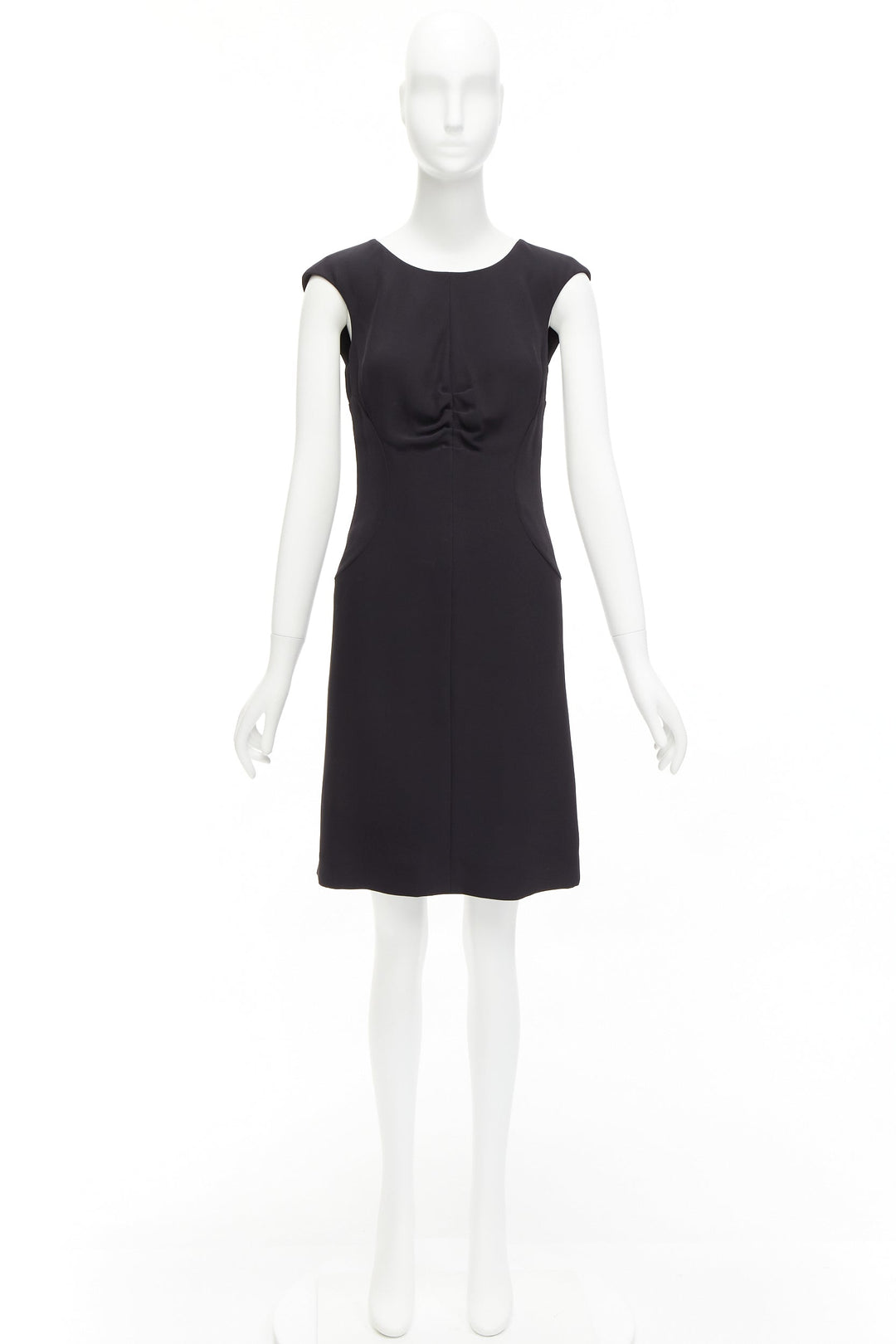 CHANEL 08P black 100% silk ruched front boned waist shift dress FR34 XS
