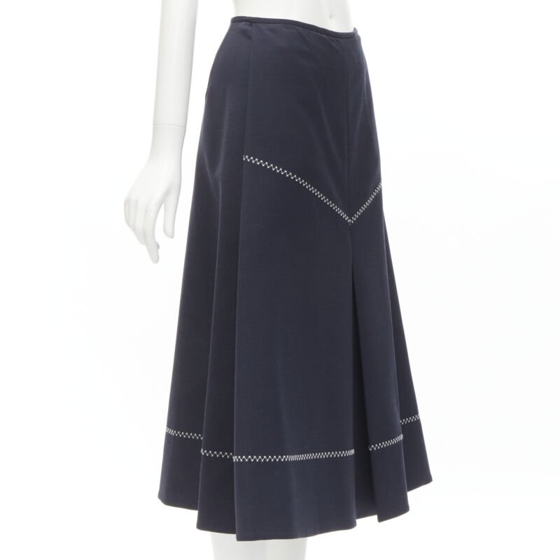 ELLERY navy polyester wool white cross hatch stitching flared skirt US2 XS