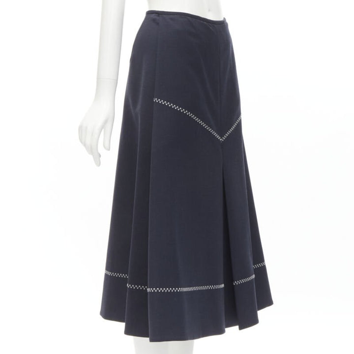ELLERY navy polyester wool white cross hatch stitching flared skirt US2 XS