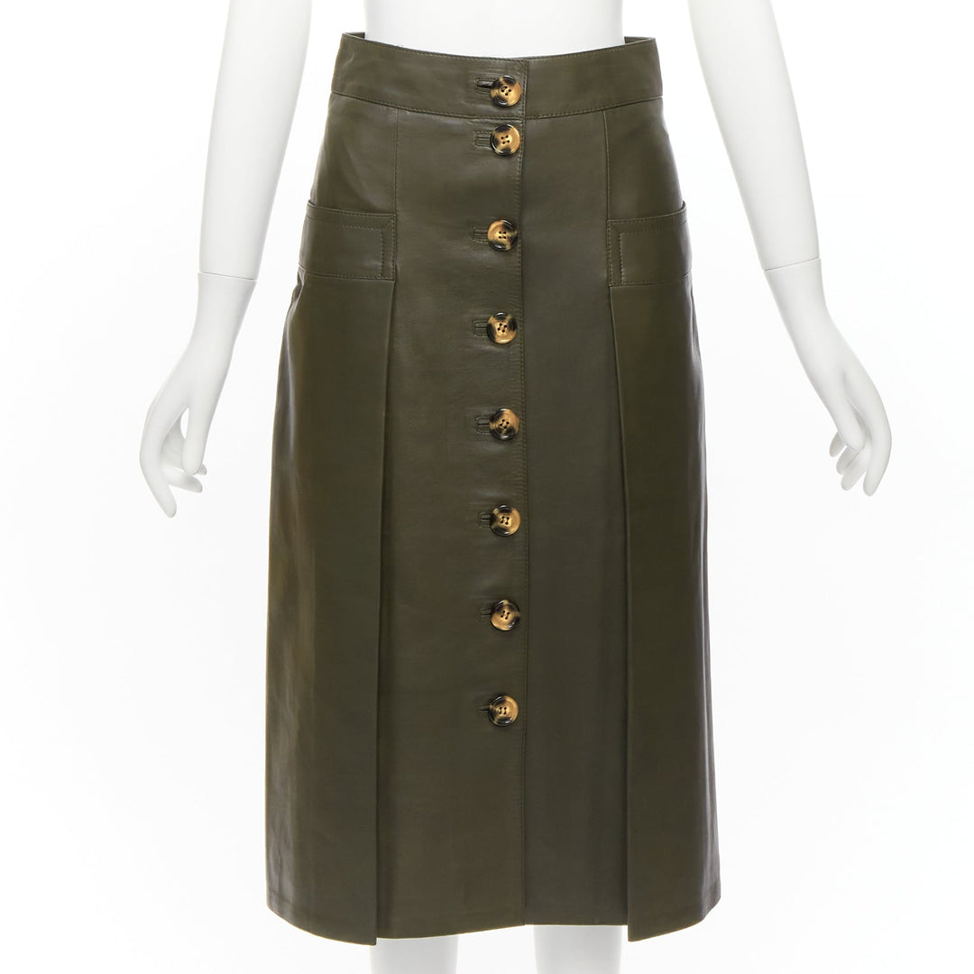 DODO BAR OR dark green genuine leather shell button pocketed pleated skirt IT40