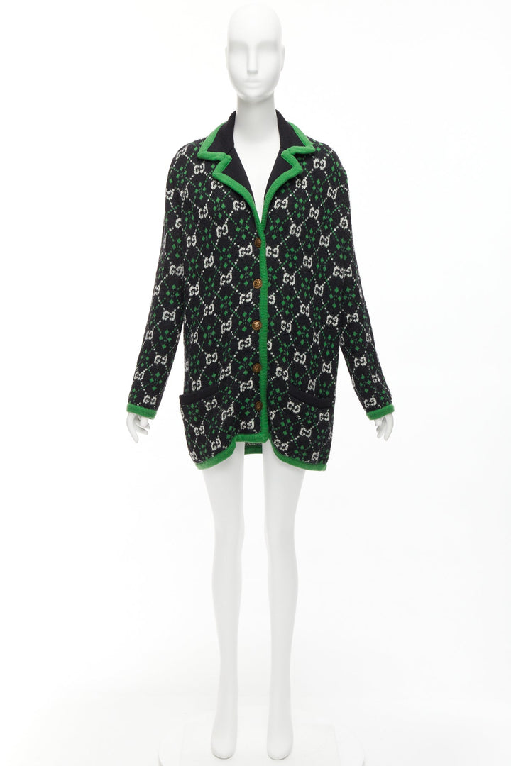 GUCCI 2018 white black GG monogram alpaca wool green trim knit coat S
