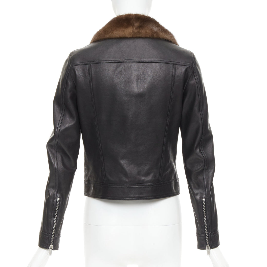SAINT LAURENT 2018 brown mink fur black lambskin leather biker jacket FR38 M