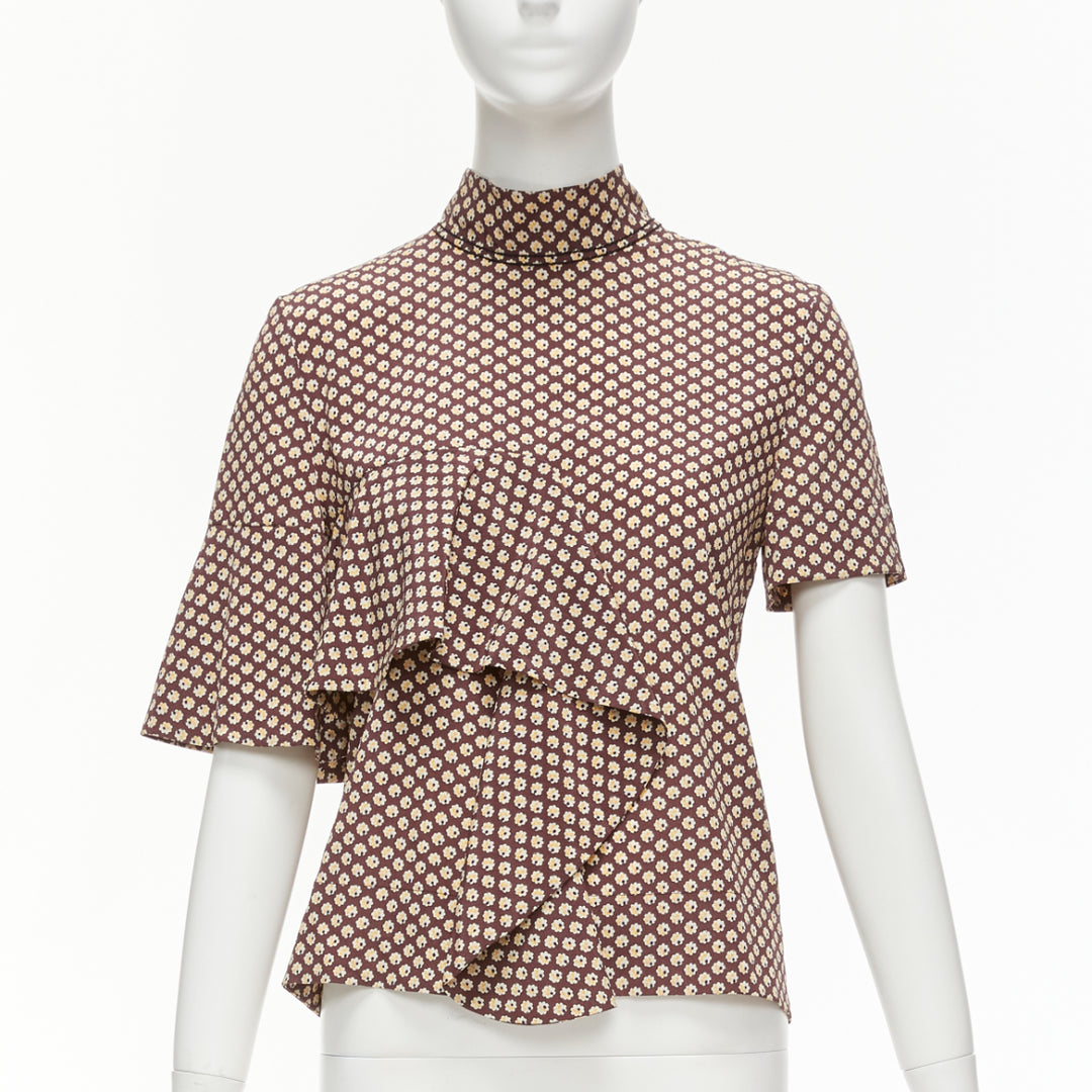 MARNI brown yellow floral asymmetric ruffle drapes hi neck top IT38 XS