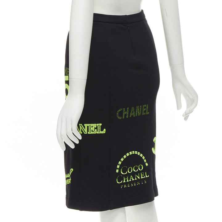 rare CHANEL 2021 Runway black neon graphic logo slit cotton fleece skirt FR34 XS