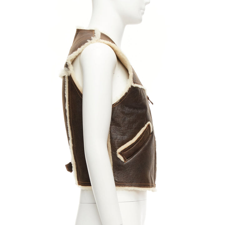 JEAN PAUL GAULTIER JEANS Vintage brown shearling lined logo zip vest FR42 XXS