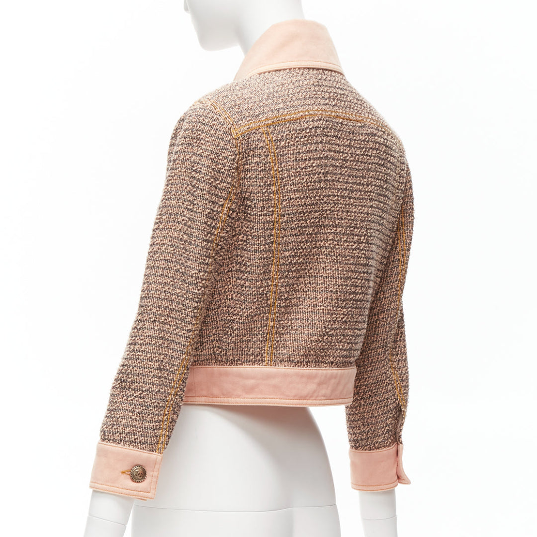 rare CHANEL 2018 Runway pink denim trim tweed CC button cropped jacket FR36 S
