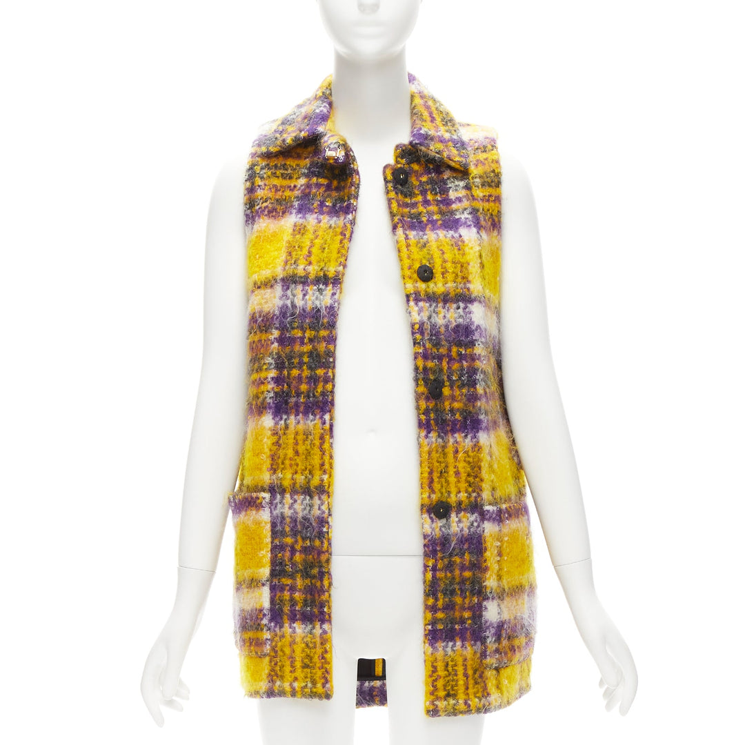 MARNI yellow purple plaid check mohair blend boxy sleeveless coat IT36 XS