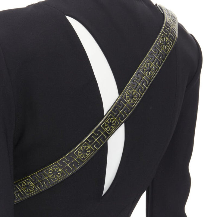 runway VERSACE black Greca stitch leather harness strap fit flare dress IT38