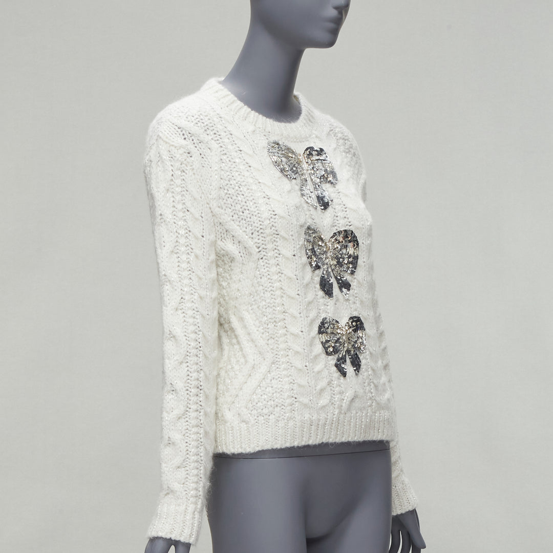 VALENTINO 2021 silver beads sequins bow white lurex cable knit sweater XS