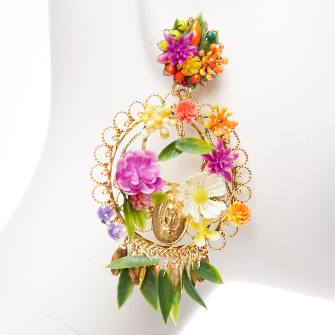 MERCEDES SALAZAR multicolour plastic flower gold rosary clip on earrings