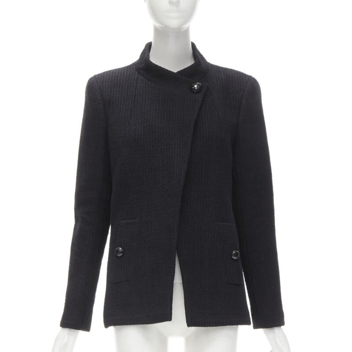 CHANEL 15P Act 1 black lattice tweed CC button wrap little black jacket FR44 2XL